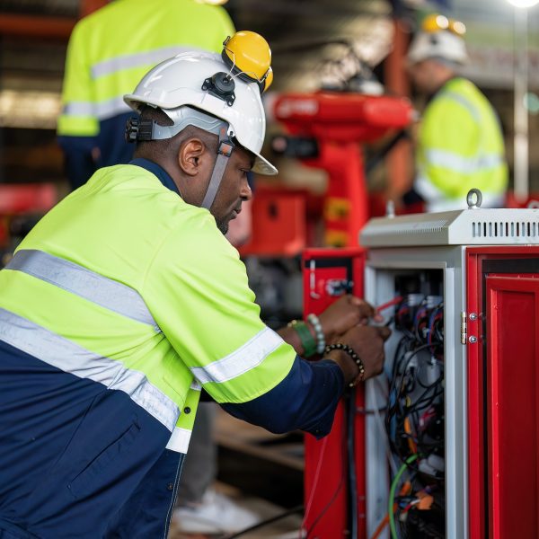 Electrician at robot factory measurement with multimeter testing current electric in control panel.